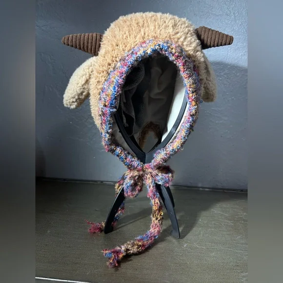 Cozy Light Brown and Blue Horned Sheep Themed Knit Hat and the Ears Squeek - Picture 6 of 11